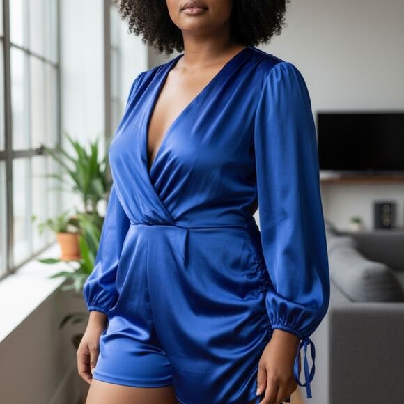 Fashion Nova Pants - Fashion Nova Deep Blue Satin Romper